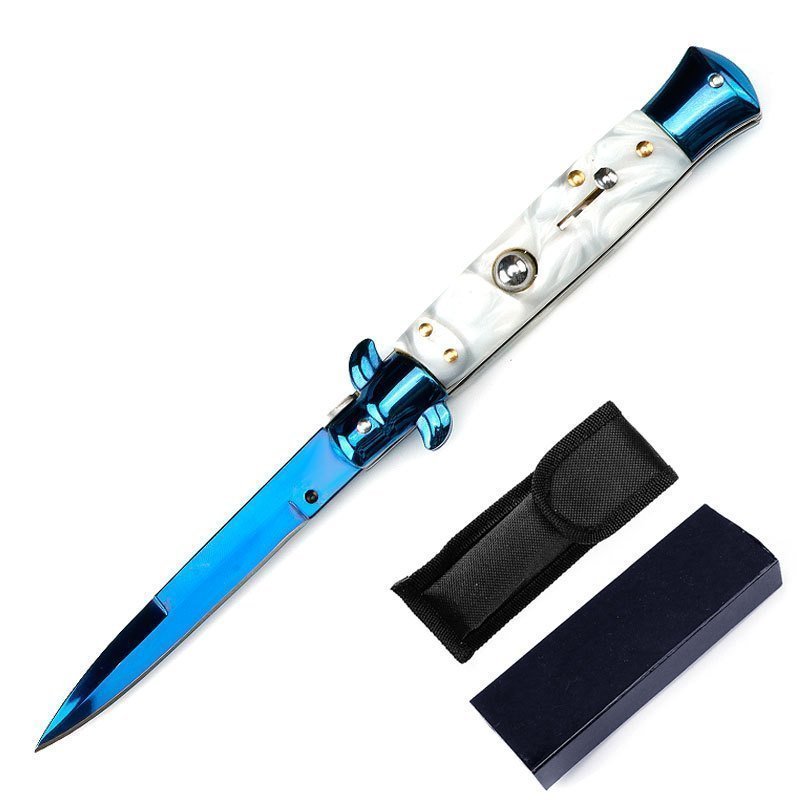 8,75 AKC Blue Branch Titanweiße Muschel Stiletto Springmesser